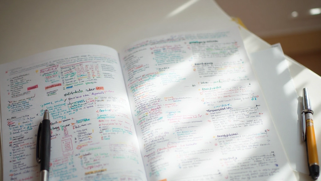 Nederlands grammaticaboek met gekleurde markeringen en aantekeningen