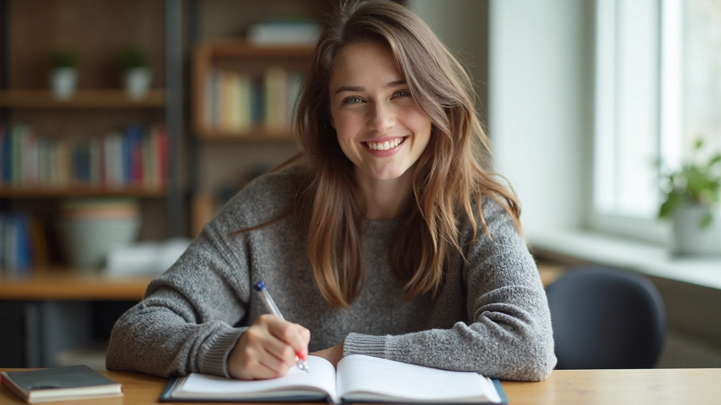 Student met Nederlands leerboek, zittend aan bureau met notities, glimlachend terwijl hij grammatica begrijpt