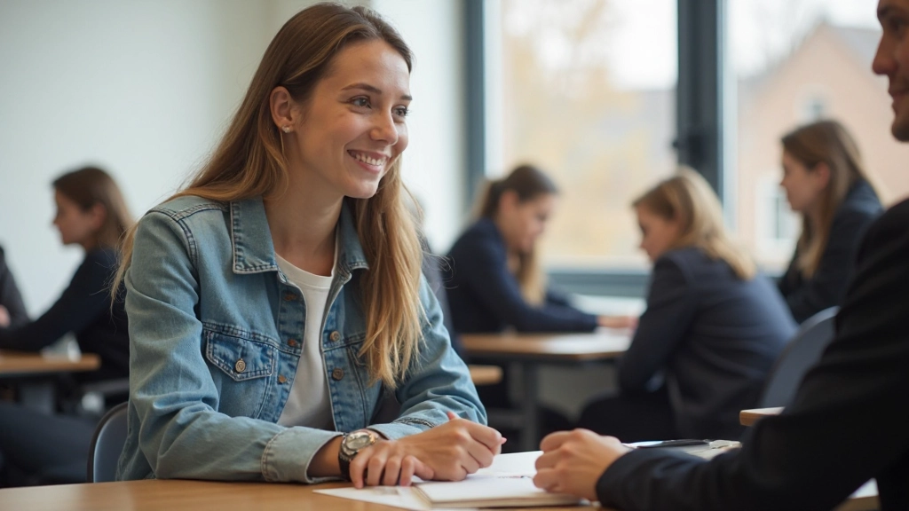 Student die Nederlands spreekt met een taalleraar in een klaslokaal