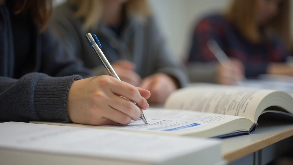 Student neemt aantekeningen tijdens Nederlands lesmateriaal en interactieve oefeningen