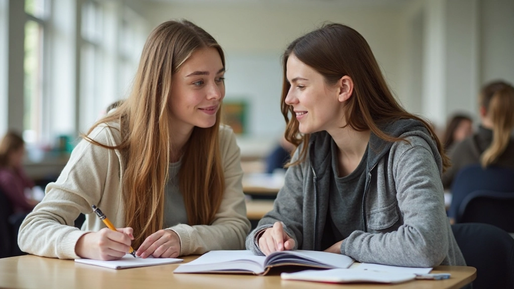Twee studenten die Nederlands spreken in een klaslokaal met boeken en notities op tafel, natuurlijk daglicht, vriendschappelijke sfeer
