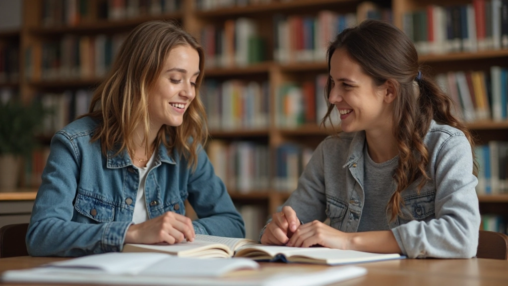 Twee studenten hebben een Nederlands gesprek met elkaar in een bibliotheek